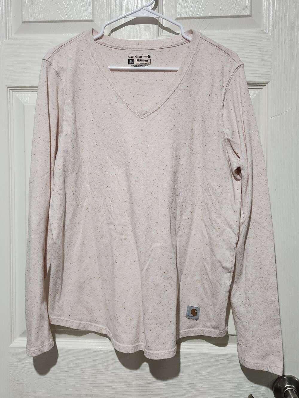 Carhartt Women's V-Neck Long-Sleeve Tee in Pale Pink Speckle Size XL